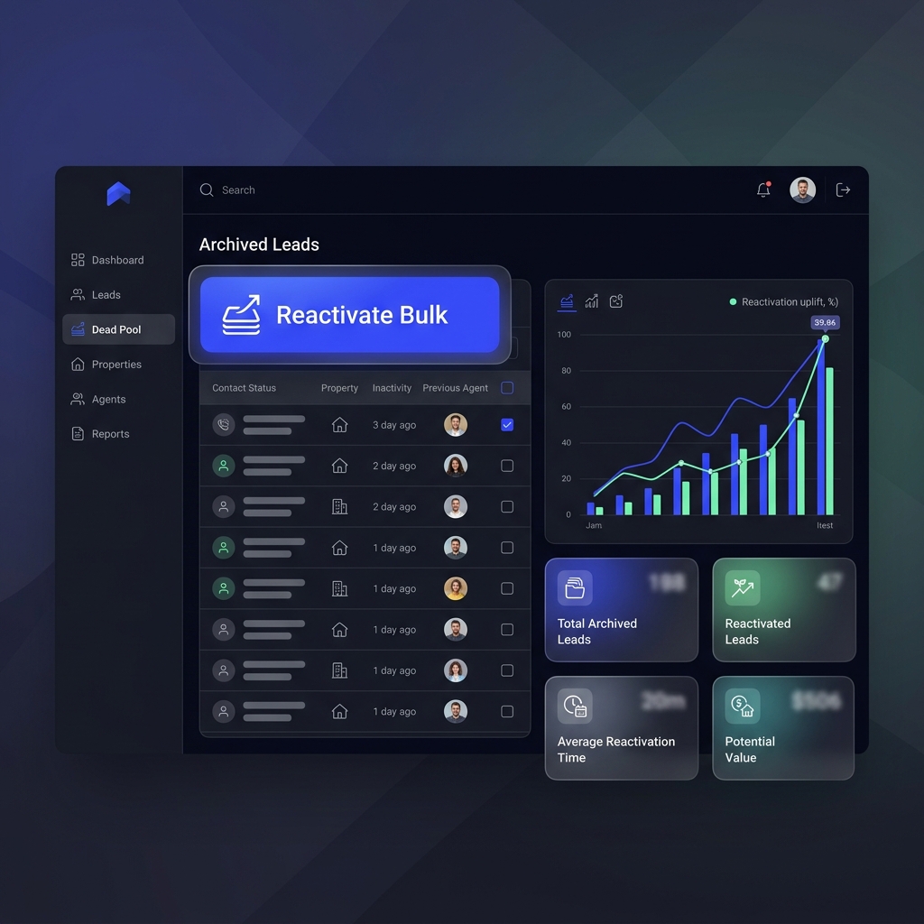 Leadvio Dead Pool screen showing archived leads with bulk reactivation, inactivity time, previous agent and reactivation performance stats